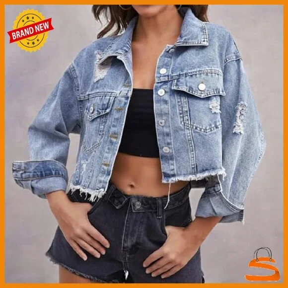 Cropped Denim Jacket Distressed Ripped Frayed Long Sleeve Button Up